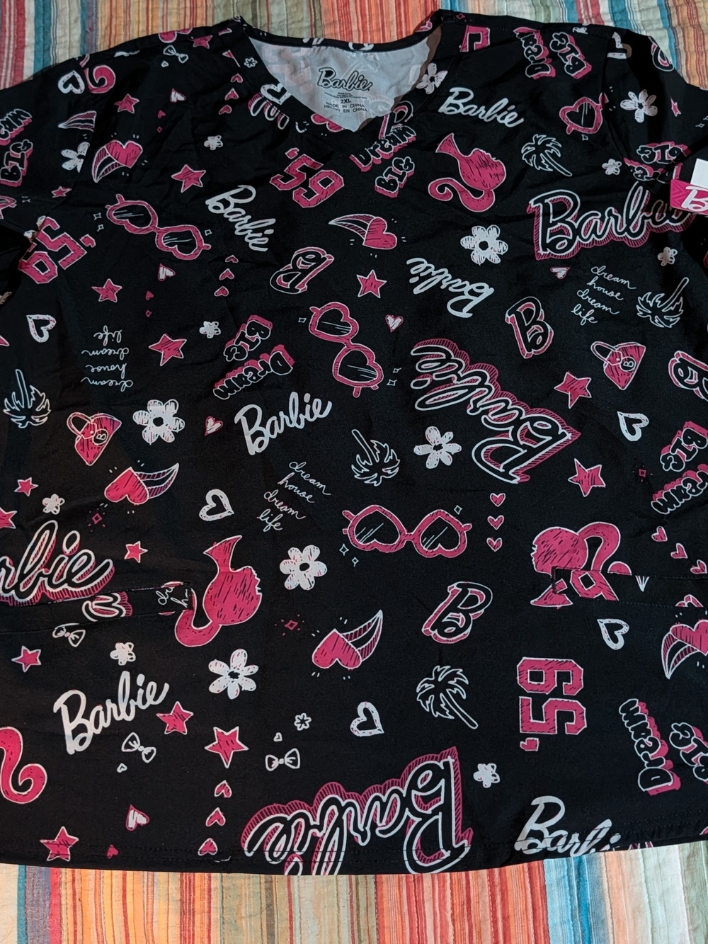 Barbie Black and Pink Graphic V-Neck Scrubs Top